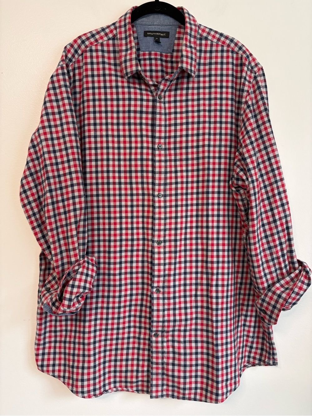 Banana Republic Plaid Navy Red Gray Gingham Lightweight Flannel Sz XXL Tall